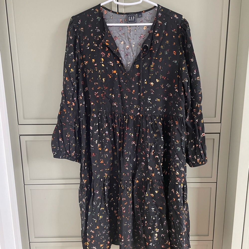 Gap knee length black floral dress. Perfect with fall boots.